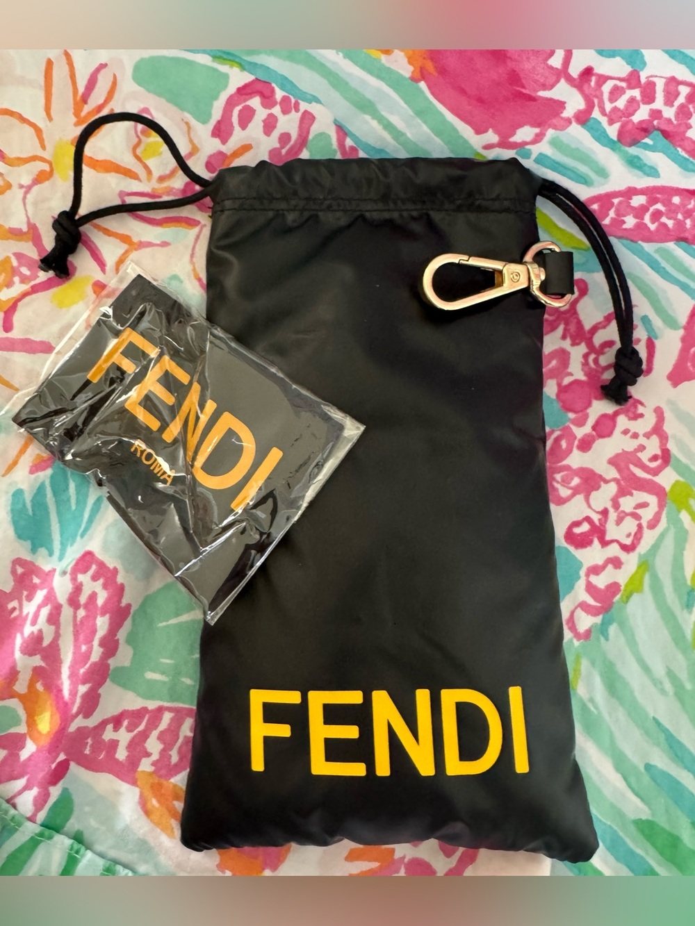 Fendi Black Drawstring Sunglass Pouch with Yellow Logo. SUNGLASSES NOT INCLUDED